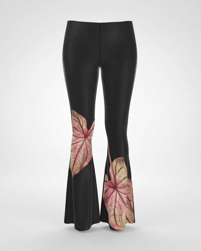 High Waisted Flared Leggings Maxi Caladium Thai Beauty Pattern