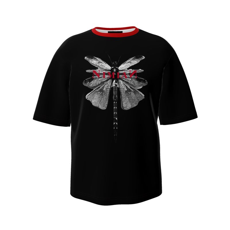 NimiaN Men’s Oversized Graphic T-Shirt – Dragonfly (Red collar)