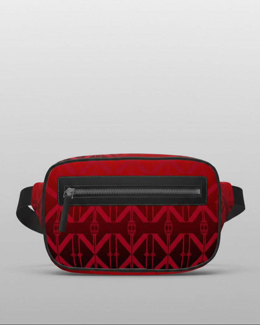 A red and black patterned fanny pack with a front zippered pocket, shown on a white background.