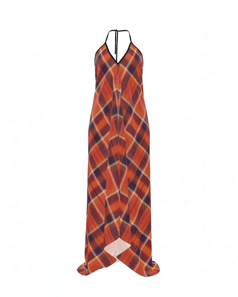 Halterneck Backless Dress Blood Orange Tartan Pattern
