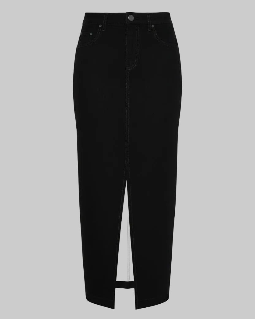 A black high-waisted denim midi skirt with a front slit, photographed against a plain white background.