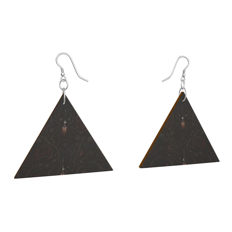 Wooden Earrings Geometric Shapes Rhino beetle Red Details