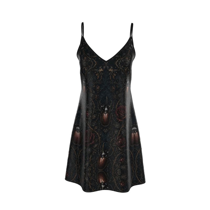 Slip Dress Midi rhino beetle pattern red roses