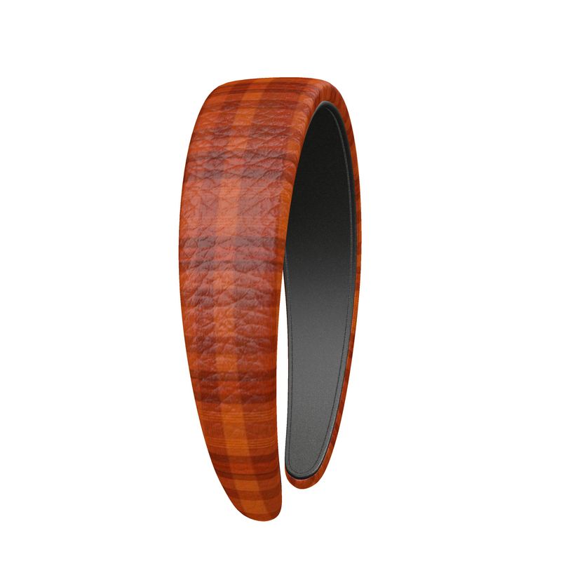Leather Headband Orange Tartan Pattern