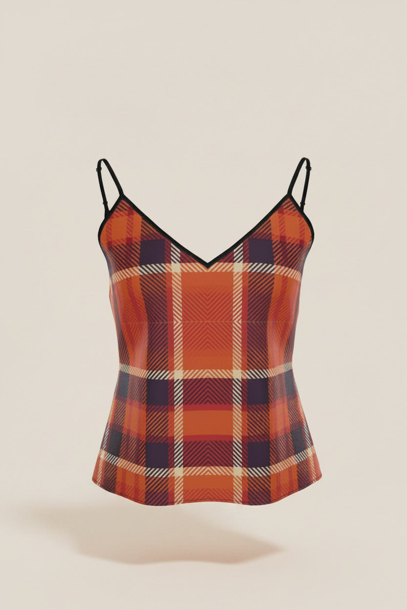 NimiaN Blood Orange Tartan Pure Silk Strappy Camisole