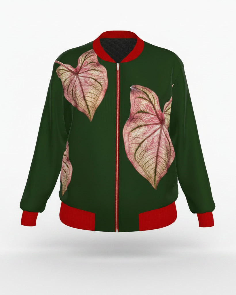 Women’s Botanical Caladium Print Bomber Jacket – Forest Green & Pink