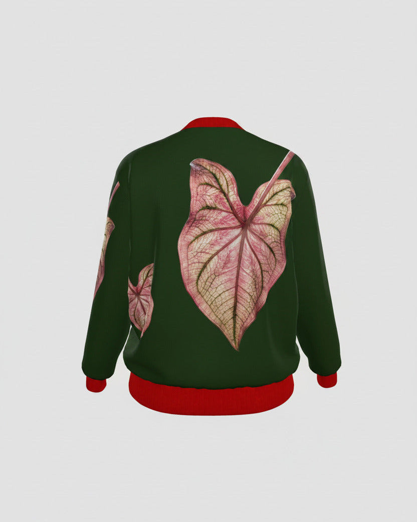 Women’s Botanical Caladium Print Bomber Jacket – Forest Green & Pink