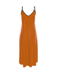 An orange slip dress with thin black spaghetti straps and a V-neckline, shown against a plain white background.