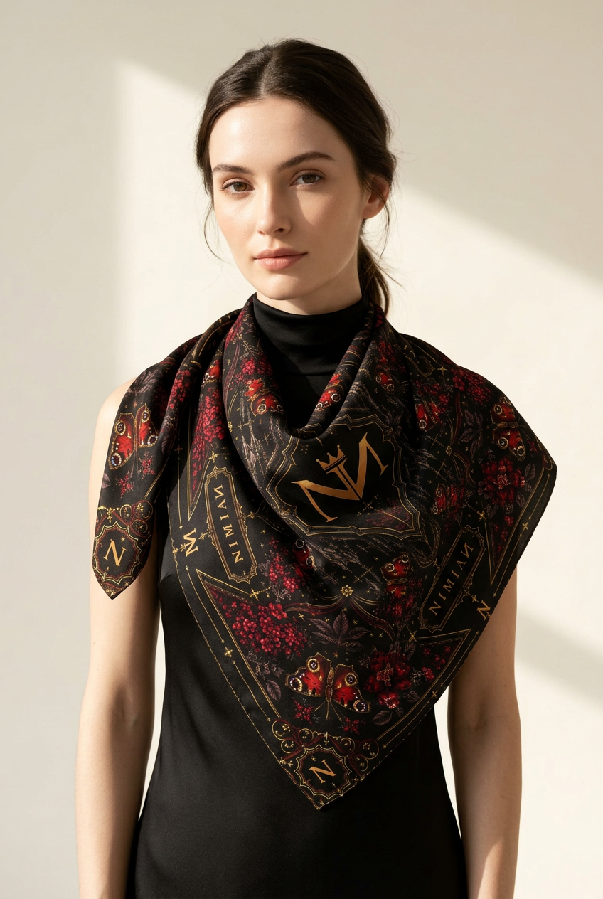 NimiaN Crimson Butterfly Nocturne Silk Scarf