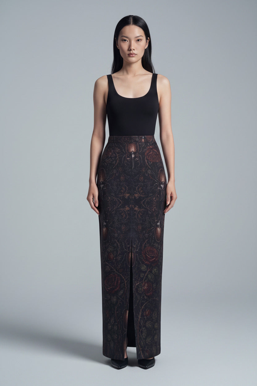 Denim Maxi Skirt Rhino Beetle Red Details