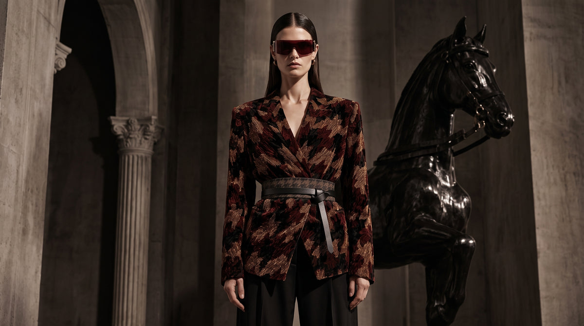 A model stands in a grand, classical stone hall wearing a brown and black patterned velvet blazer with a matching belt, black trousers, and dark sunglasses. A large black horse statue is positioned to the right.