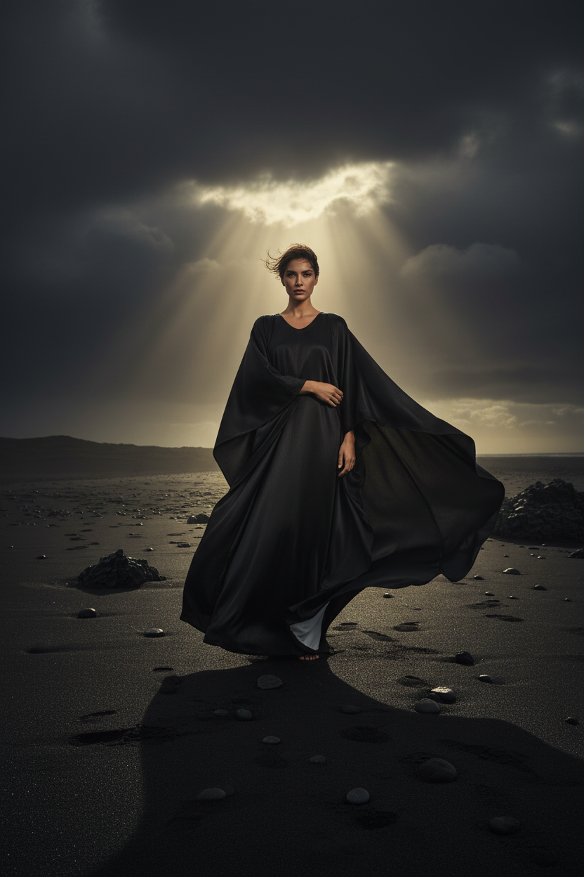 NimiaN Marmora Noctis Black Silk Kaftan Editorial