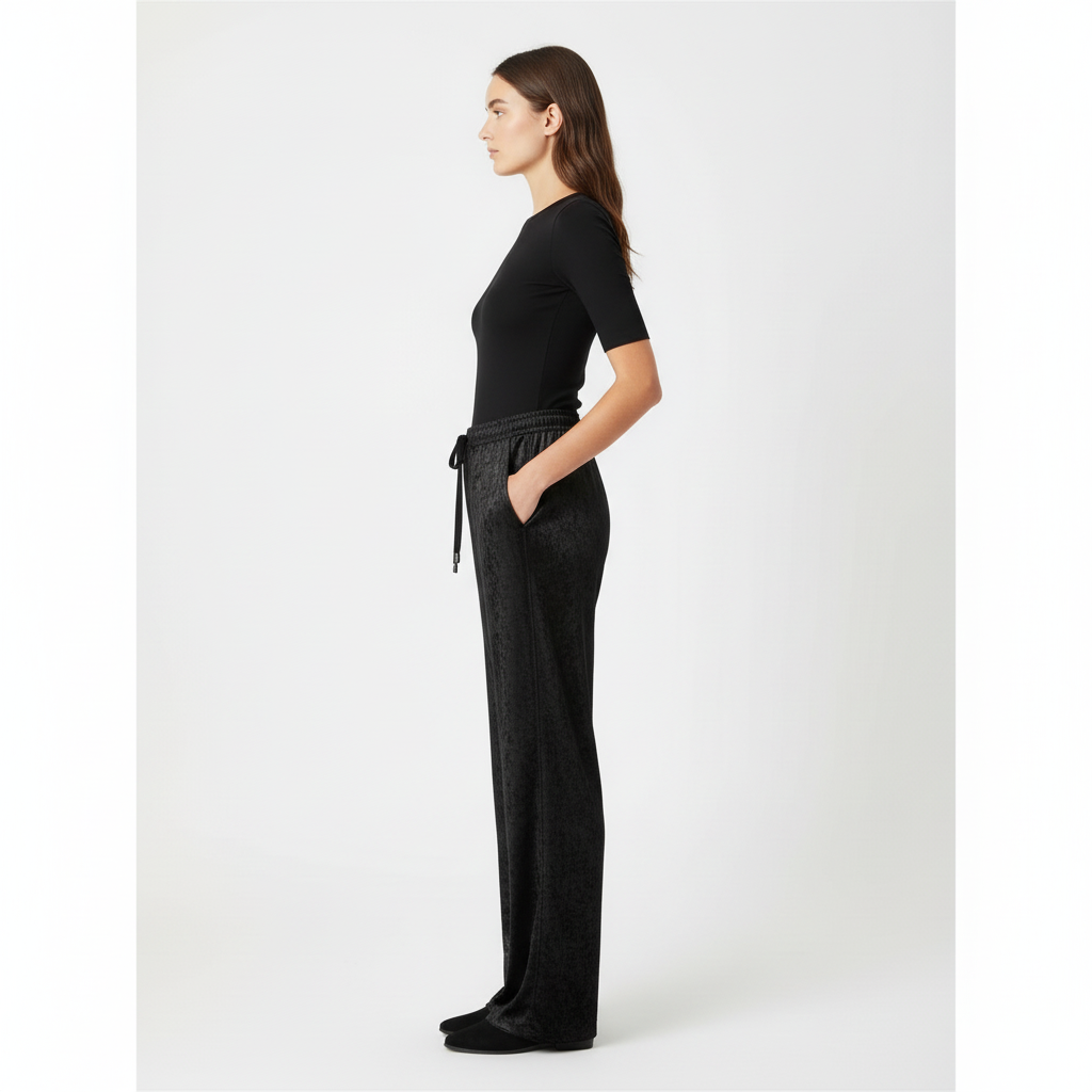 Female model wearing NIMIAN women's black crushed velour wide-leg trousers, side view