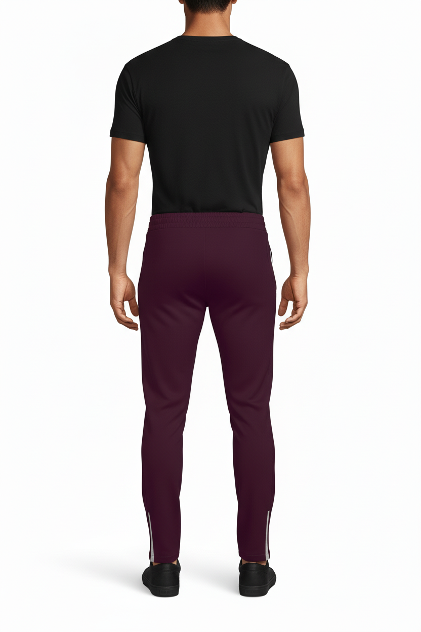 Back view of NIMIAN Men's Track Trousers in Dark Grape with a clean pocket-free back