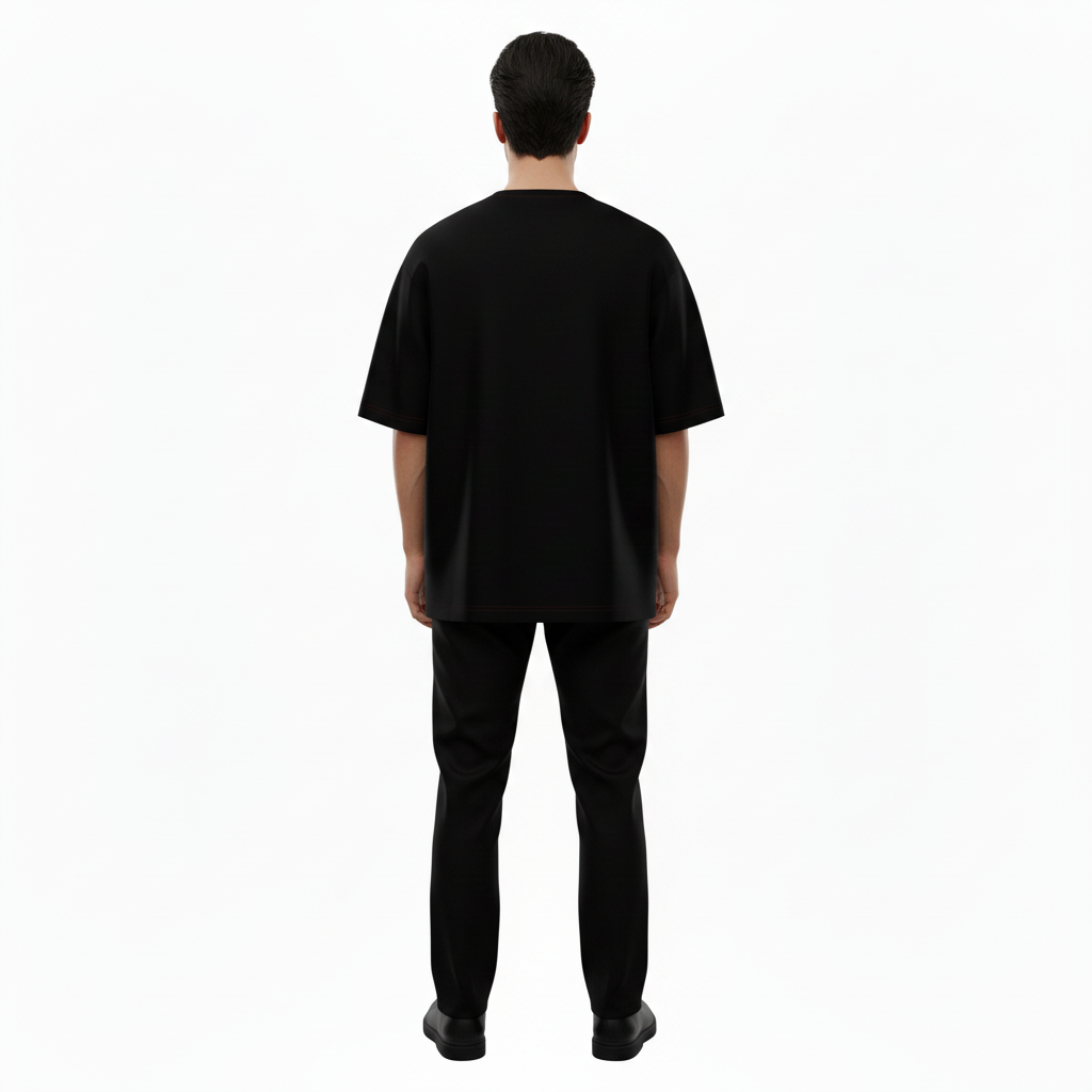 Male model wearing the NIMIAN Crimson Crown Skull Oversized T-Shirt, rear view