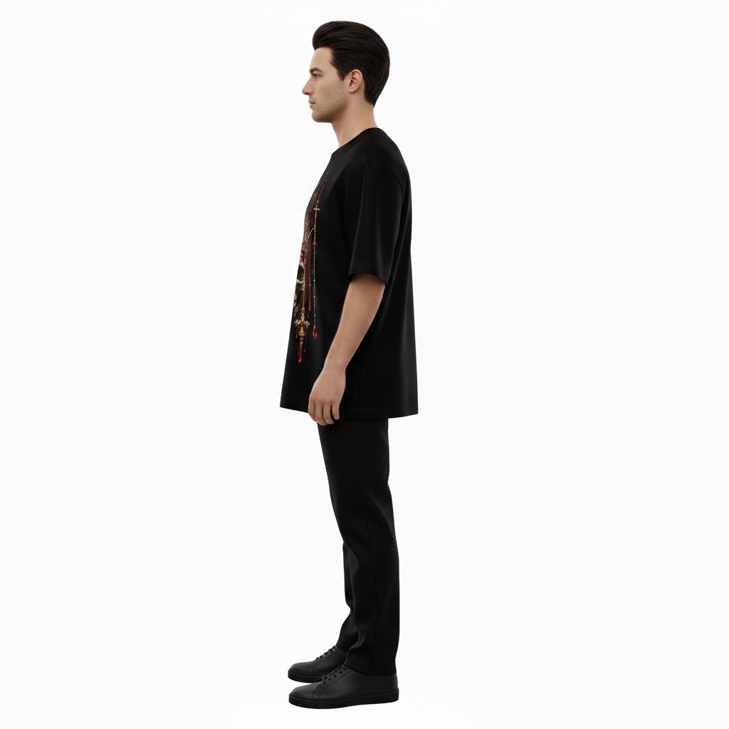 Male model wearing the NIMIAN Crimson Crown Skull Oversized T-Shirt, side view
