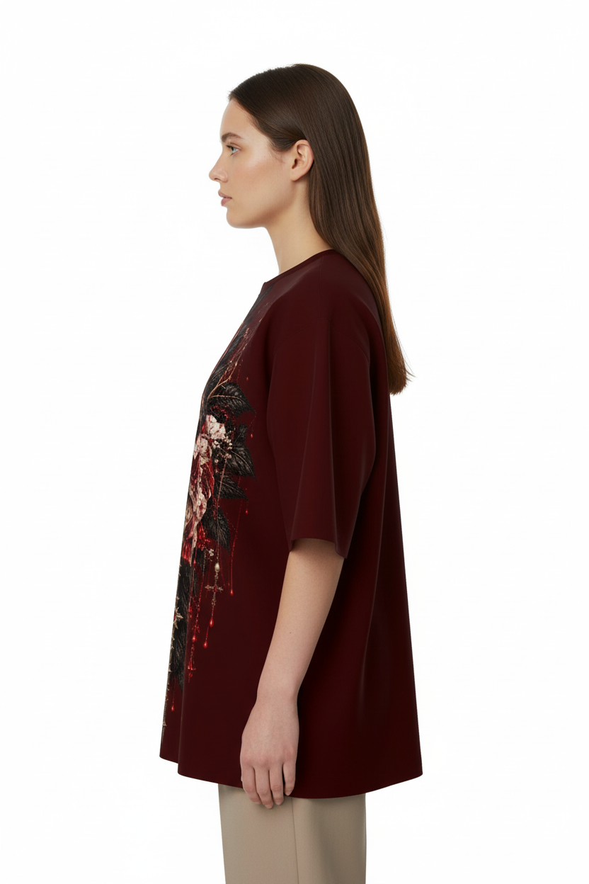 Side view of a model wearing the NIMIAN Rosa Mortis Oversized T-Shirt