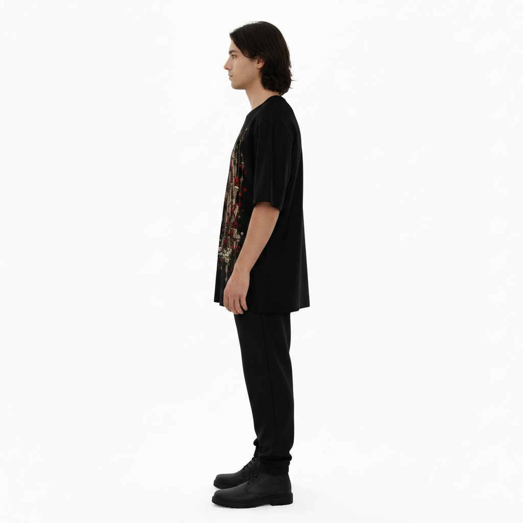 Male model wearing the NIMIAN Cathedral Blade Oversized T-Shirt, side view