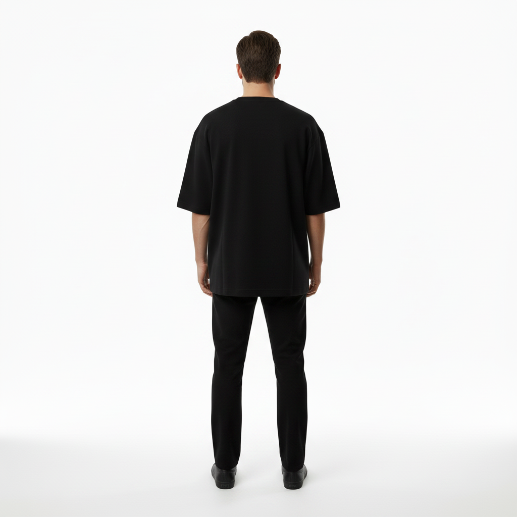 Male model wearing the NIMIAN Crimson Relic Skull Oversized T-Shirt, rear view