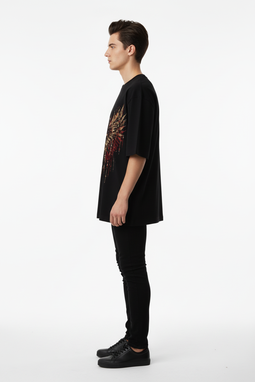 Side view of a model wearing the NIMIAN Regalis Seraphim Oversized T-Shirt
