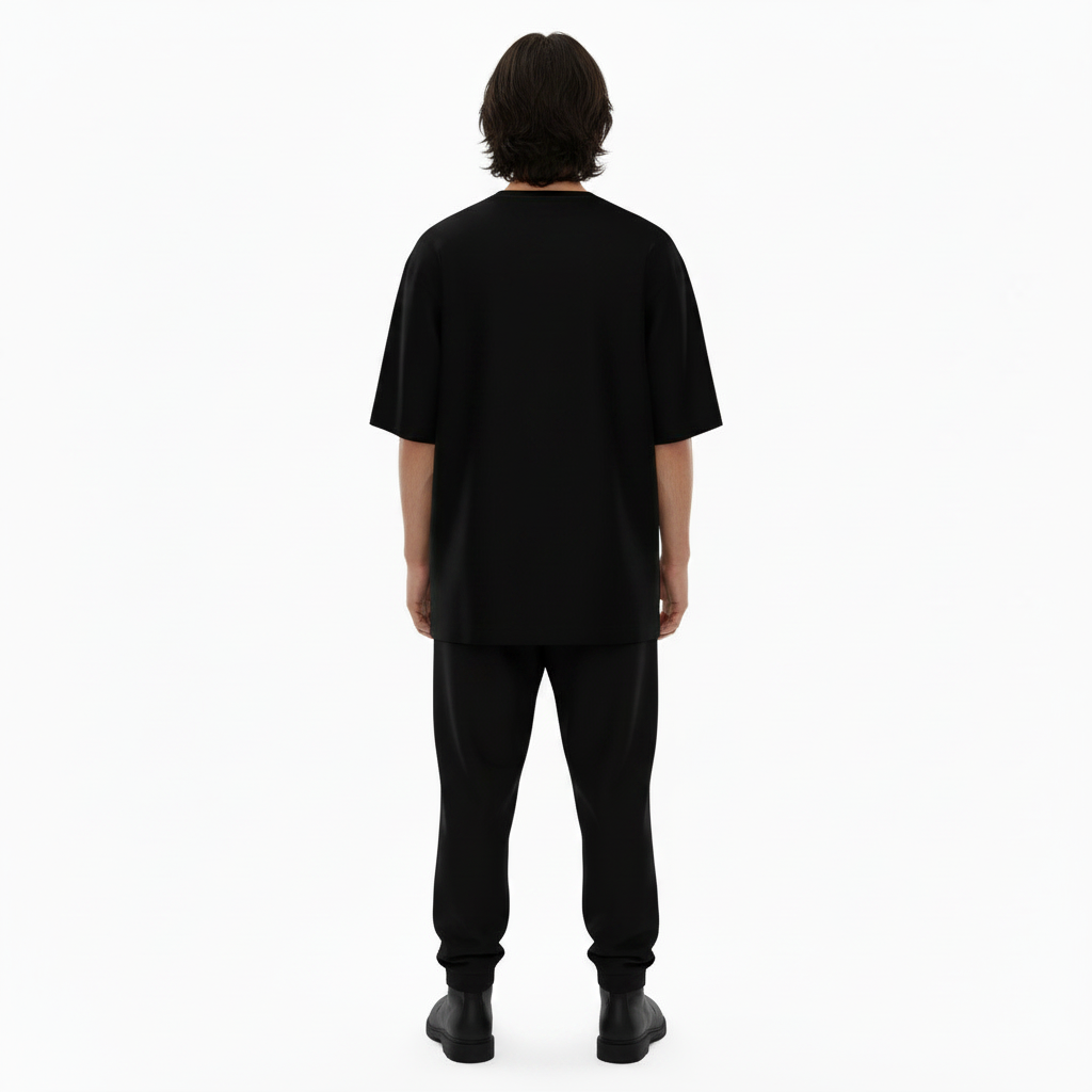 Male model wearing the NIMIAN Cathedral Blade Oversized T-Shirt, rear view
