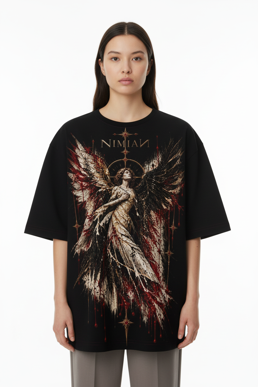 Front view of a model wearing the NIMIAN Angelus Noctis Oversized T-Shirt