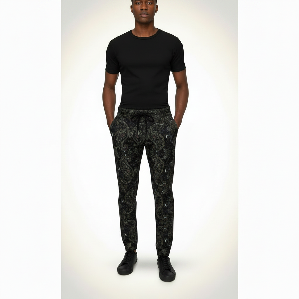 Male model wearing NimiaN Men’s Paisley Stripe Track Pants, front view
