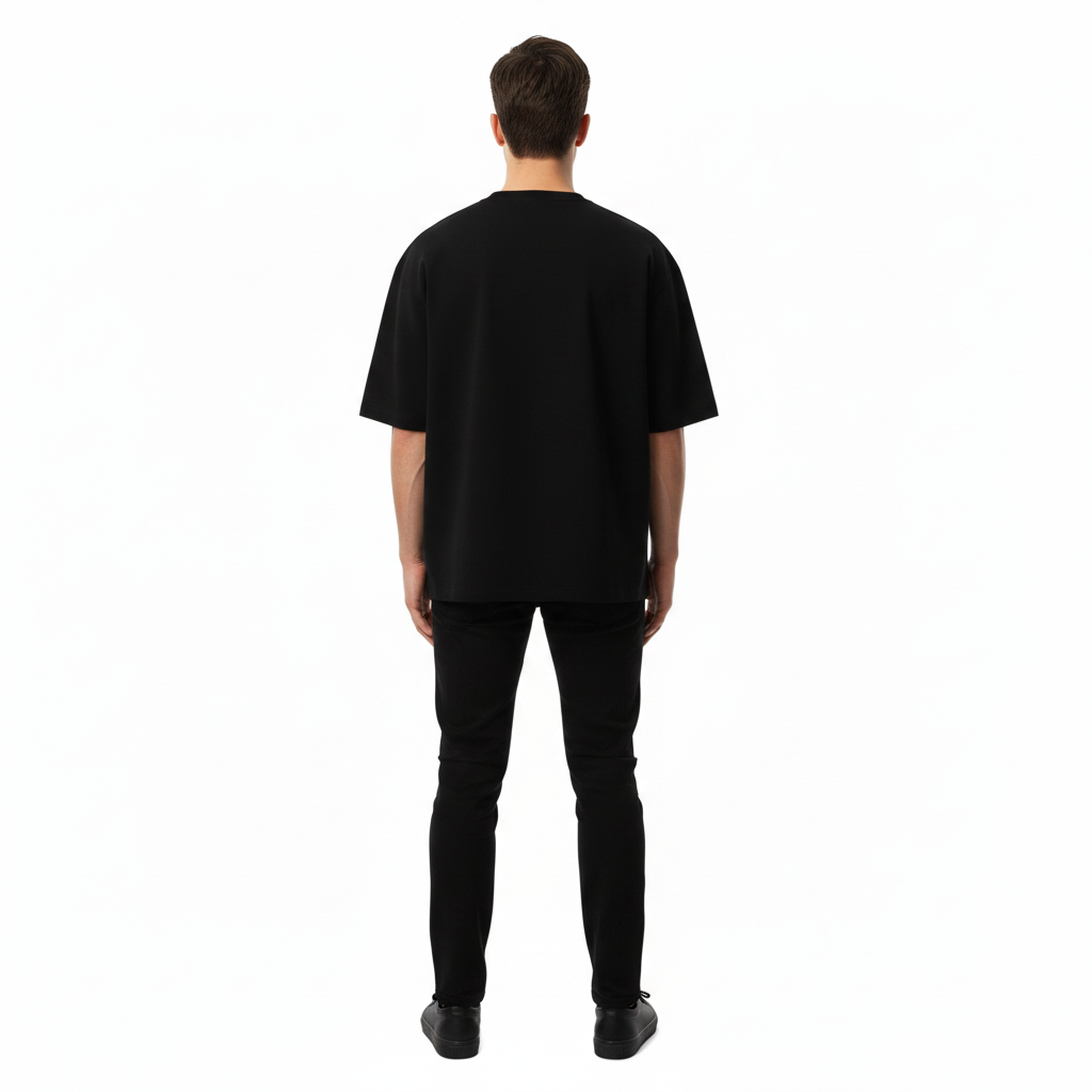 Male model wearing the NIMIAN Cathedral Nocturne Oversized T-Shirt, rear view