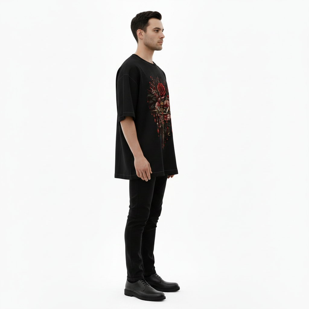 Male model wearing the NIMIAN Rosa Imperialis Oversized T-Shirt, side view