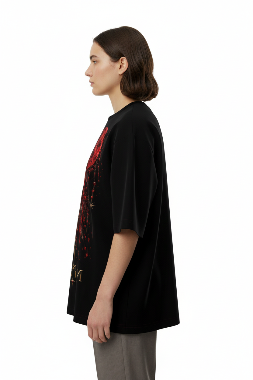 Side view of a model wearing the NIMIAN Luna Sanguis Oversized T-Shirt
