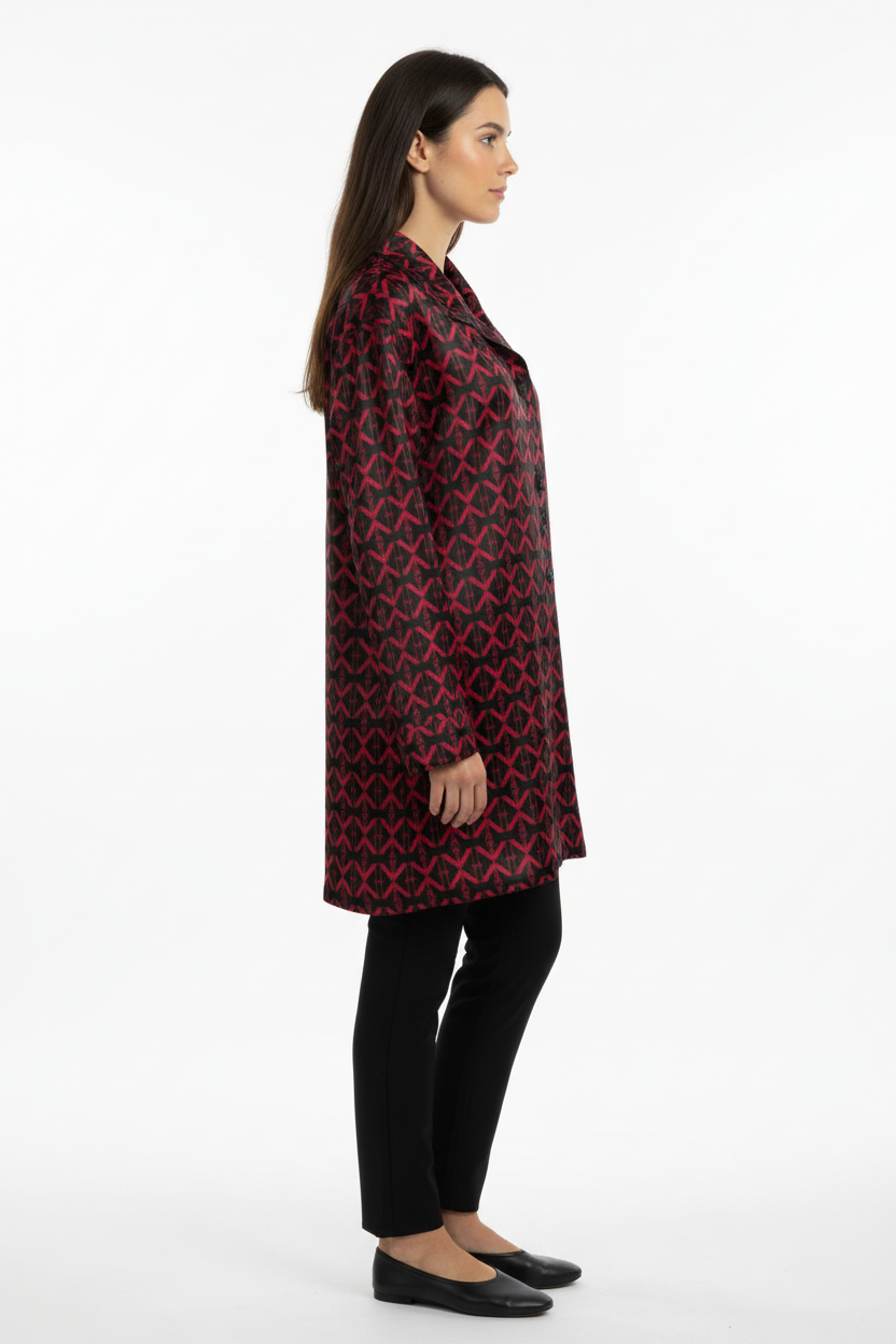 Side view of a model wearing the NIMIAN Signature Comfort silk pyjama shirt