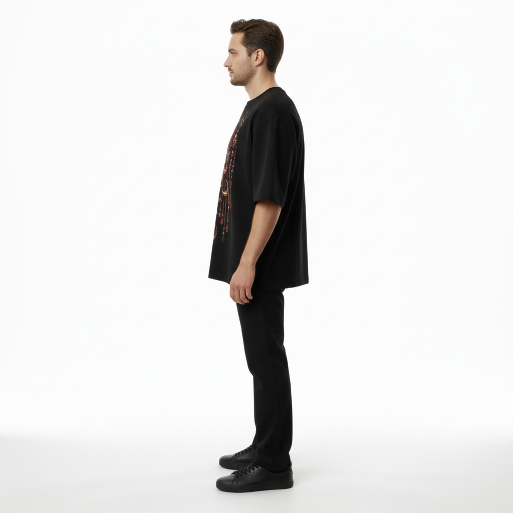Male model wearing the NIMIAN Crimson Relic Skull Oversized T-Shirt, side view