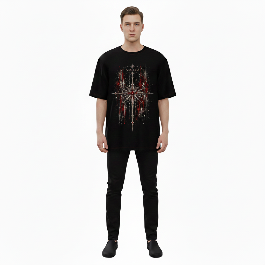 Male model wearing the NIMIAN Morning Star Oversized T-Shirt, front view