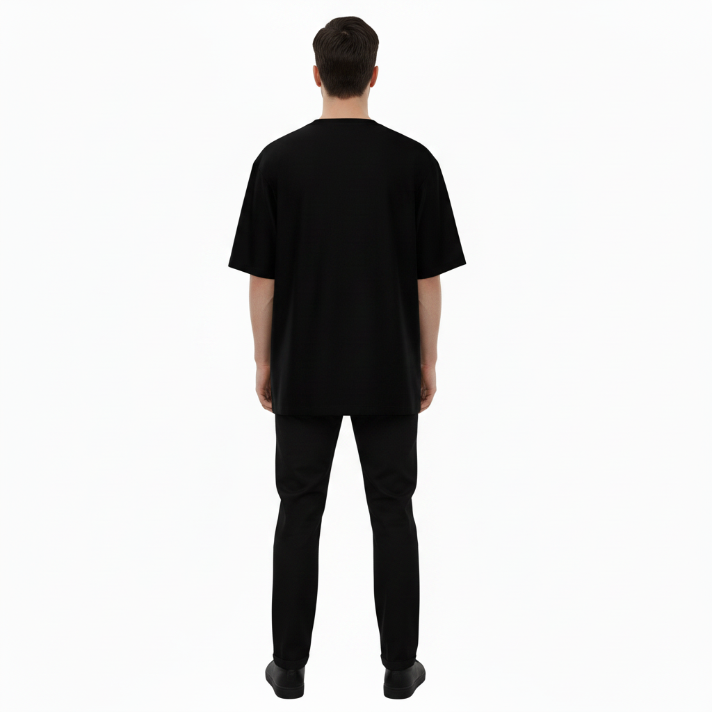 Male model wearing the NIMIAN Royal Skull Oversized T-Shirt, rear view