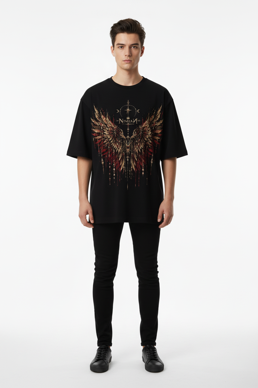 Front view of a model wearing the NIMIAN Regalis Seraphim Oversized T-Shirt