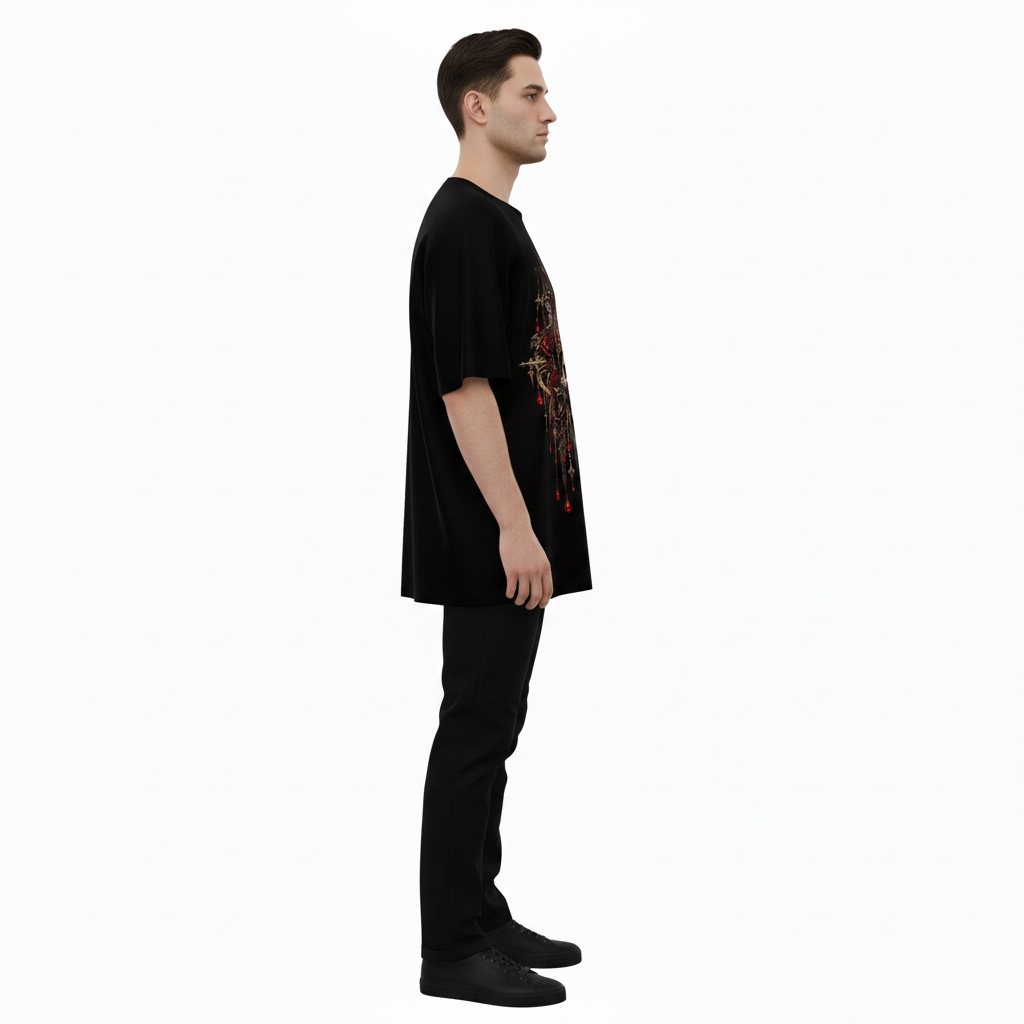 Male model wearing the NIMIAN Royal Skull Oversized T-Shirt, side view