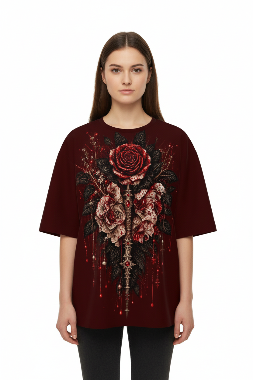Front view of a model wearing the NIMIAN Rosa Mortis Oversized T-Shirt