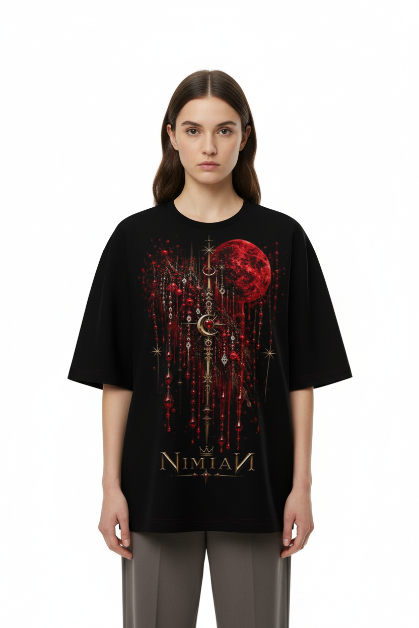 Front view of a model wearing the NIMIAN Luna Sanguis Oversized T-Shirt