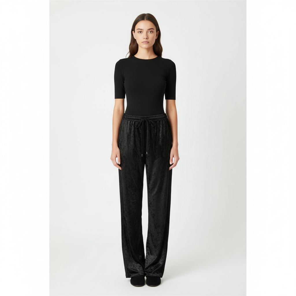 Female model wearing NIMIAN women's black crushed velour wide-leg trousers, front view