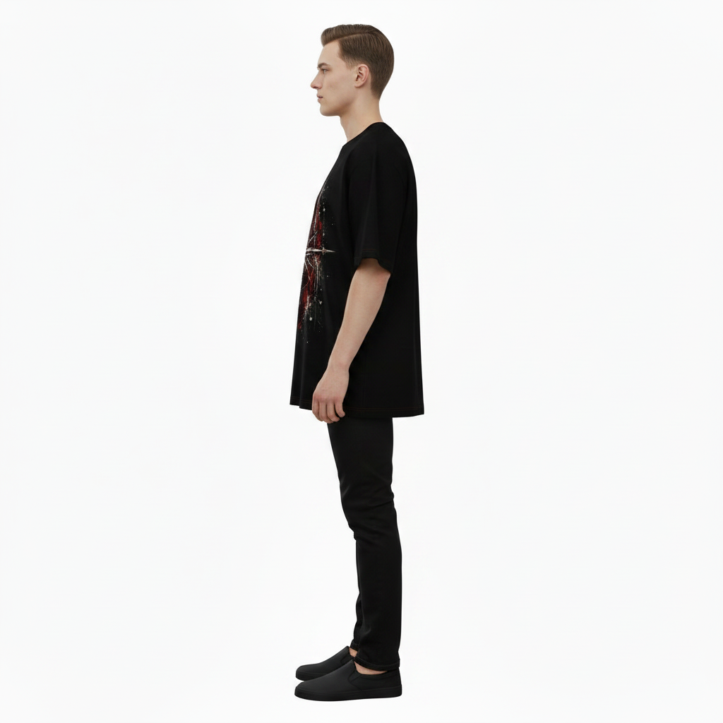 Male model wearing the NIMIAN Morning Star Oversized T-Shirt, side view