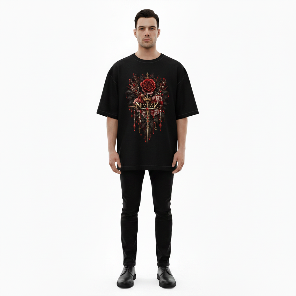 Male model wearing the NIMIAN Rosa Imperialis Oversized T-Shirt, front view