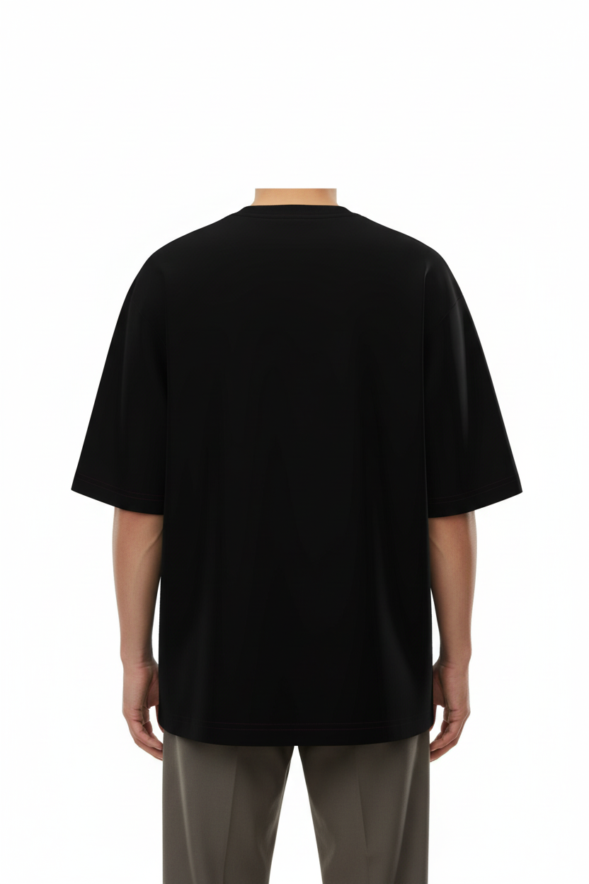 Back view of a model wearing the NIMIAN Luna Sanguis Oversized T-Shirt