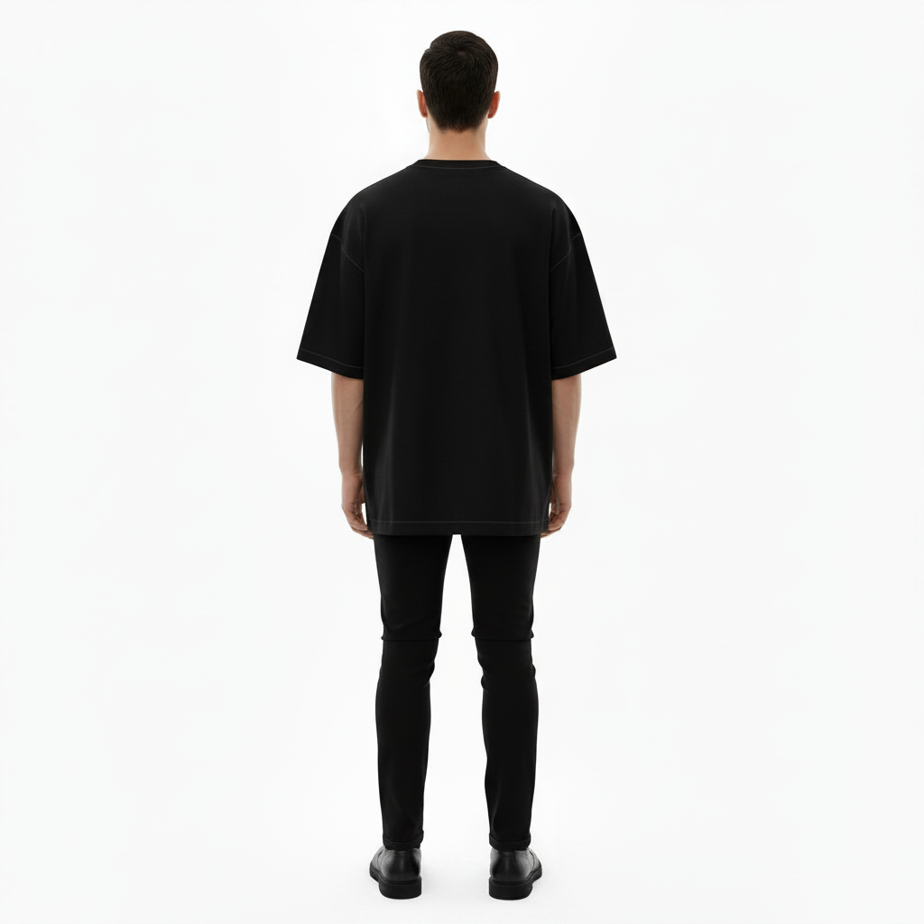 Male model wearing the NIMIAN Rosa Imperialis Oversized T-Shirt, rear view