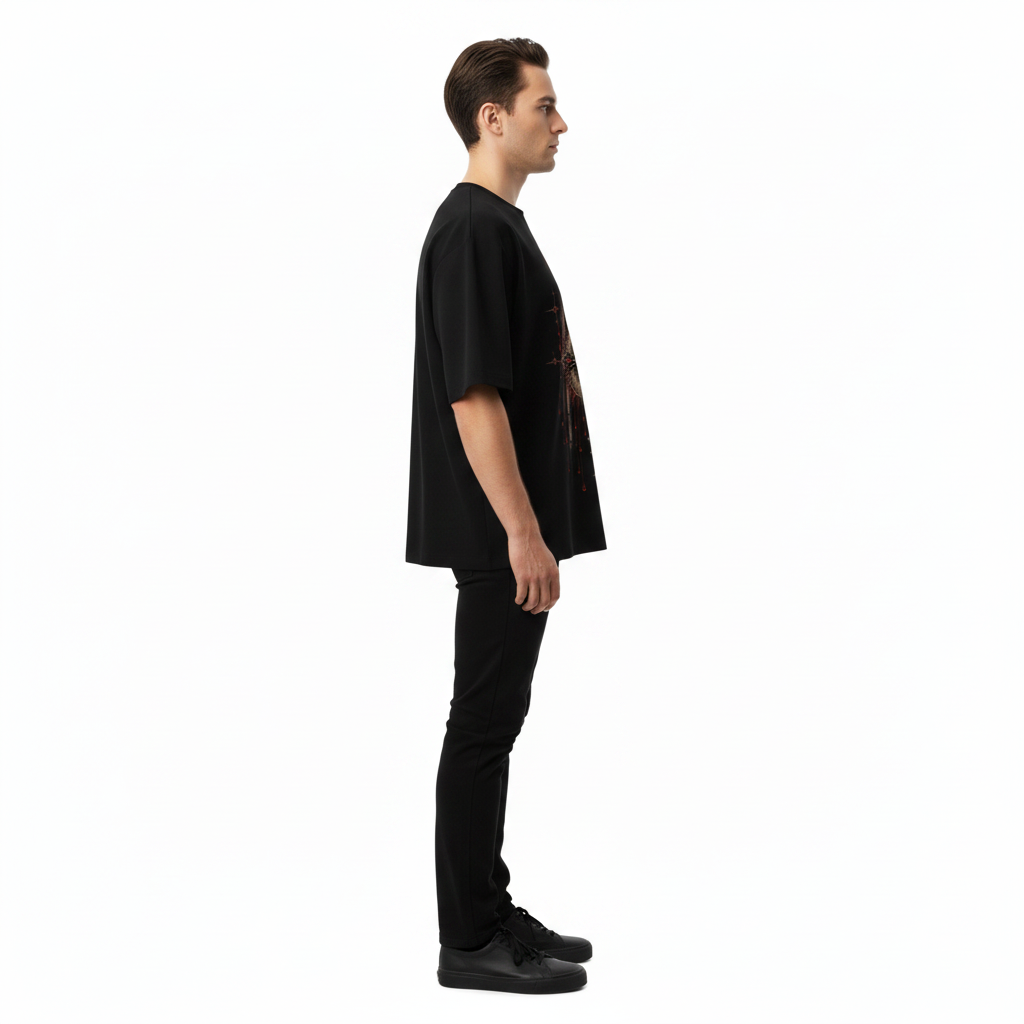 Male model wearing the NIMIAN Cathedral Nocturne Oversized T-Shirt, side view