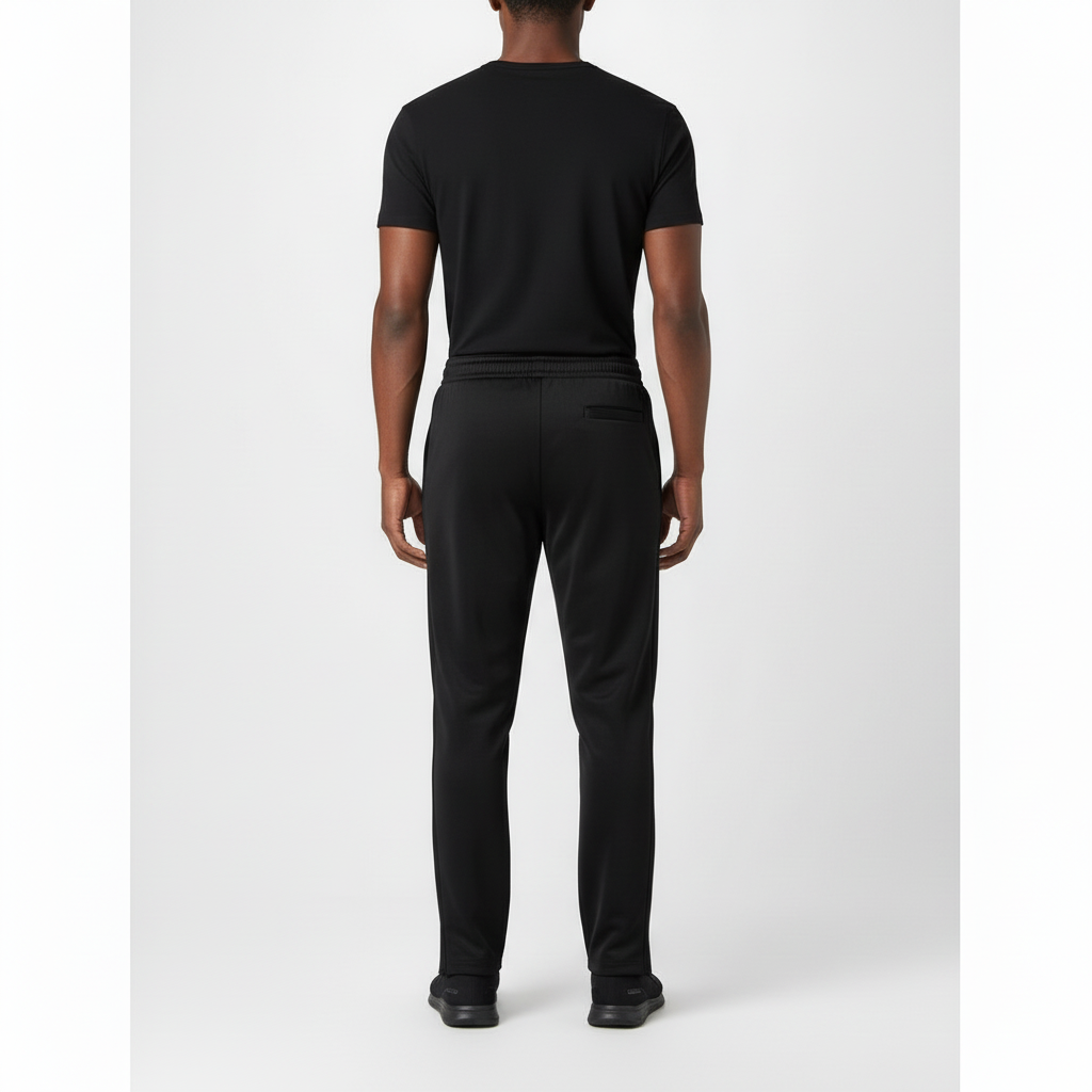 Modelo com NIMIAN Men’s Black Tracksuit Trousers, costas