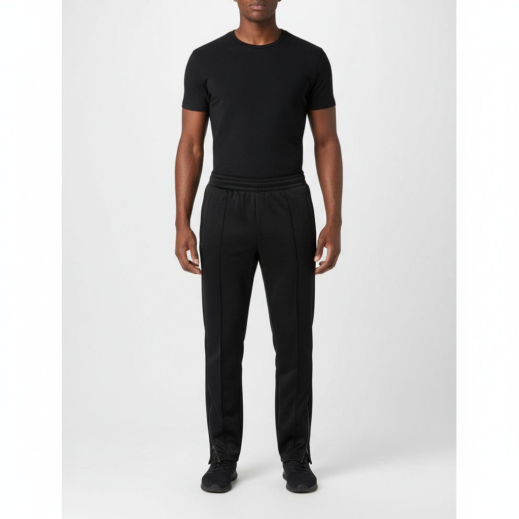 Modelo com NIMIAN Men’s Black Tracksuit Trousers, frente