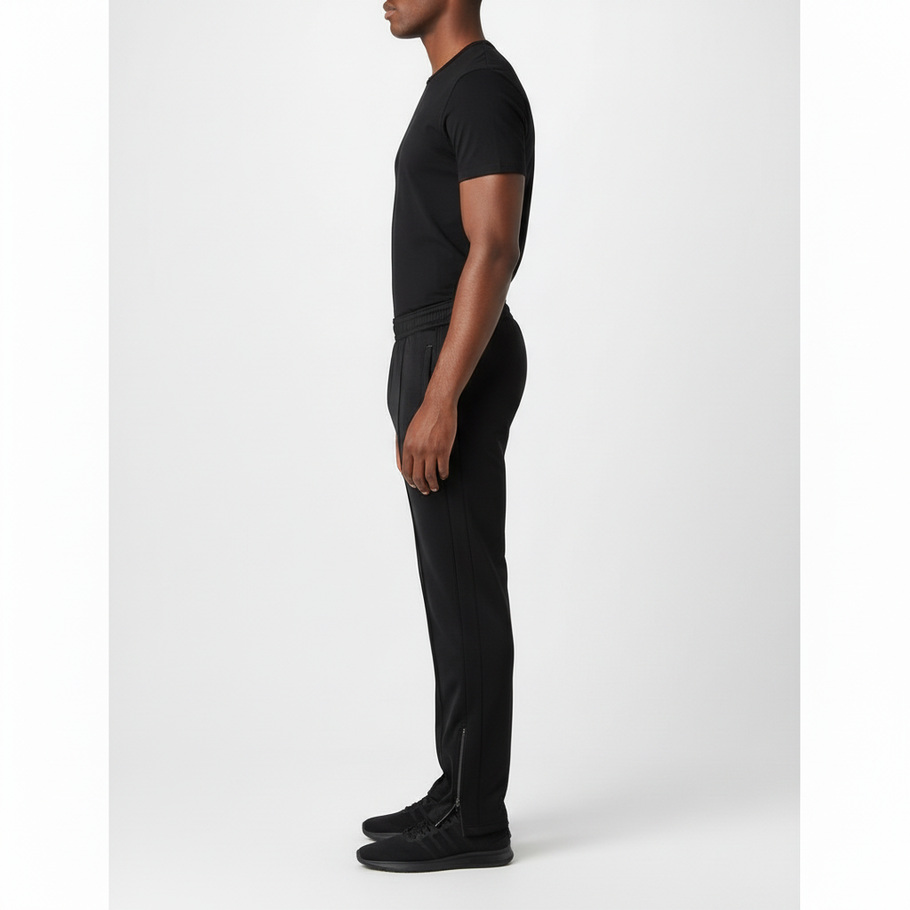 Modelo com NIMIAN Men’s Black Tracksuit Trousers, perfil