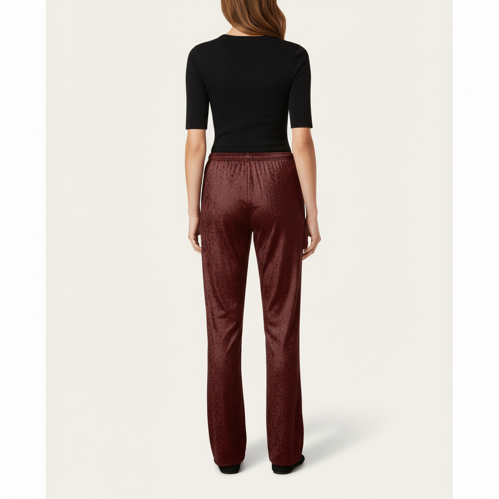 Modelo com NIMIAN Women’s Maroon Crushed Velour Trousers, costas