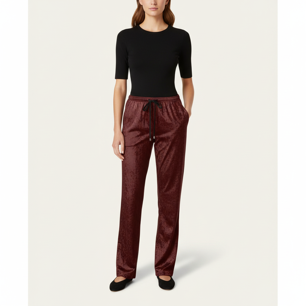 Modelo com NIMIAN Women’s Maroon Crushed Velour Trousers, frente