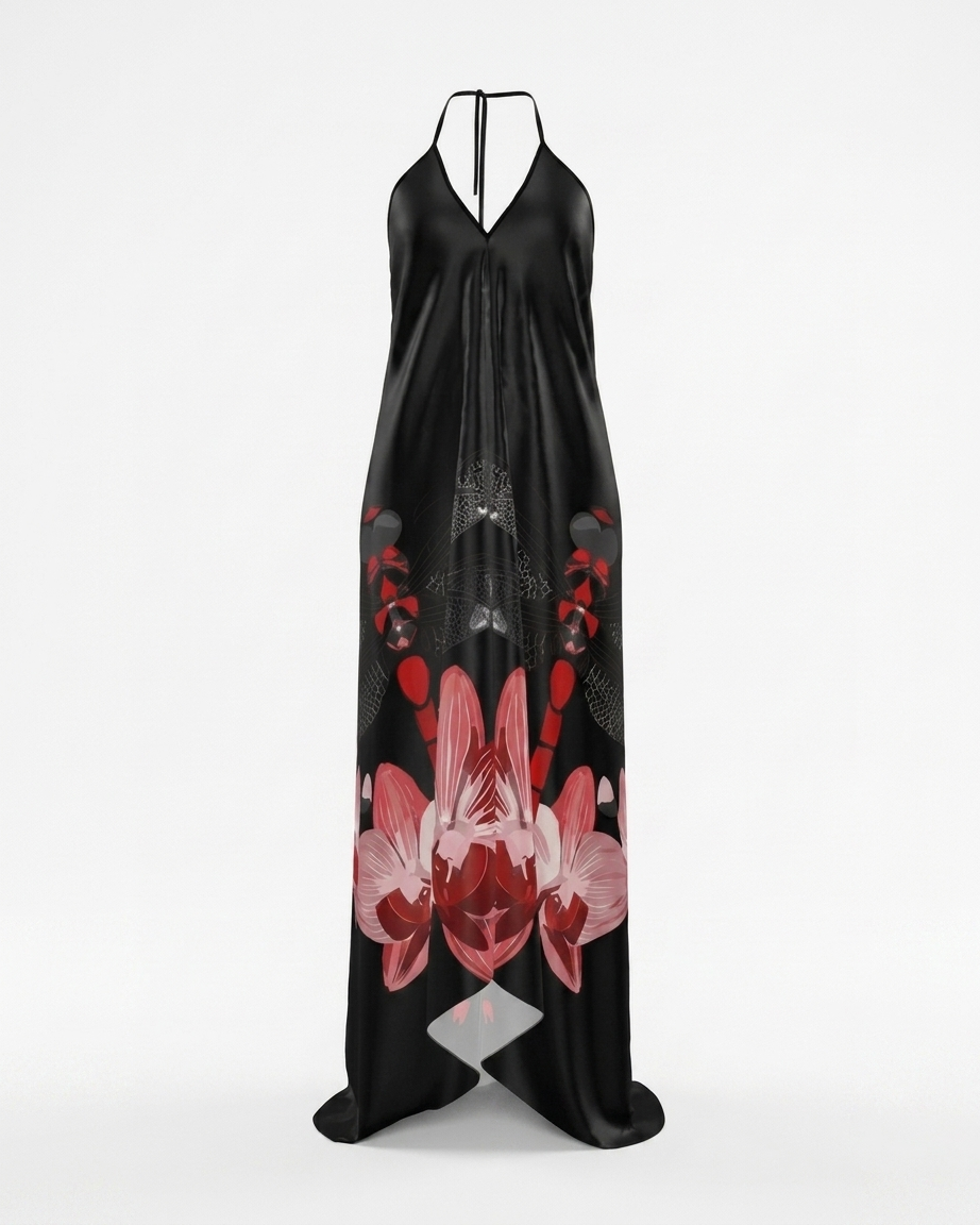 Halterneck Red Dragonfly backless dress